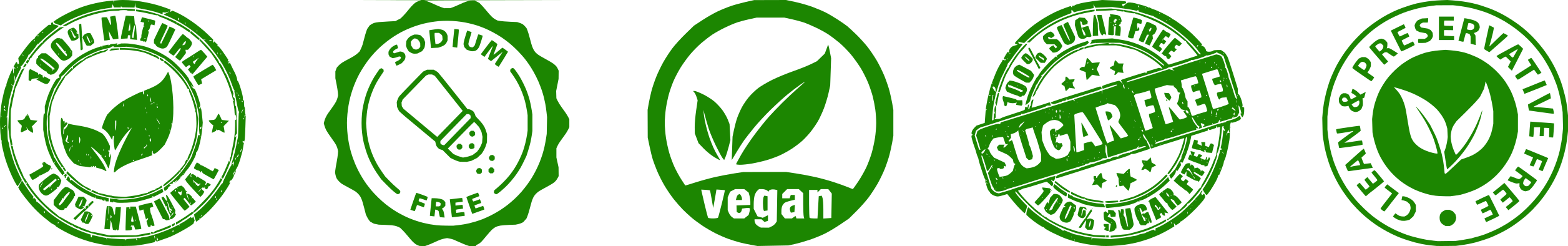 100% Natural · Sodium Free · Vegan · Sugar Free · Clean & Preservative Free